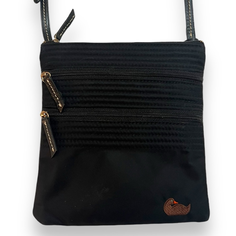 DOONEY & BOURKE Black Nylon Crossbody Pouch Bag Purse Leather Strap Tabs Zippers